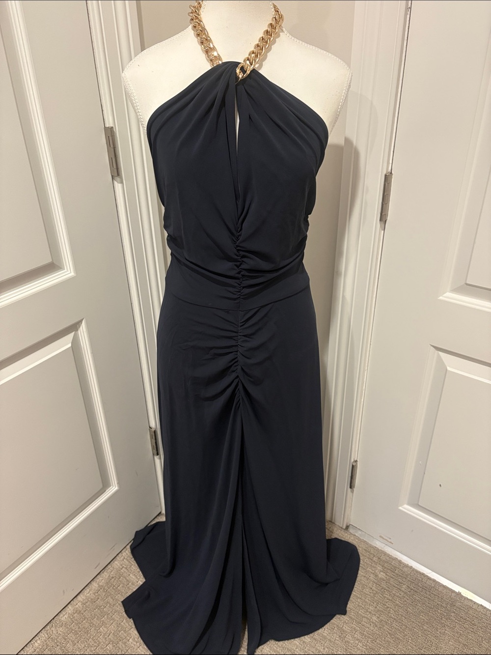 Veronica Beard Black One-Shoulder Gown with Gold Chain